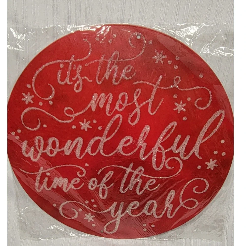 Red Glitter Christmas Wreath Attachment Sign Most Wonderful Time Year MD073824